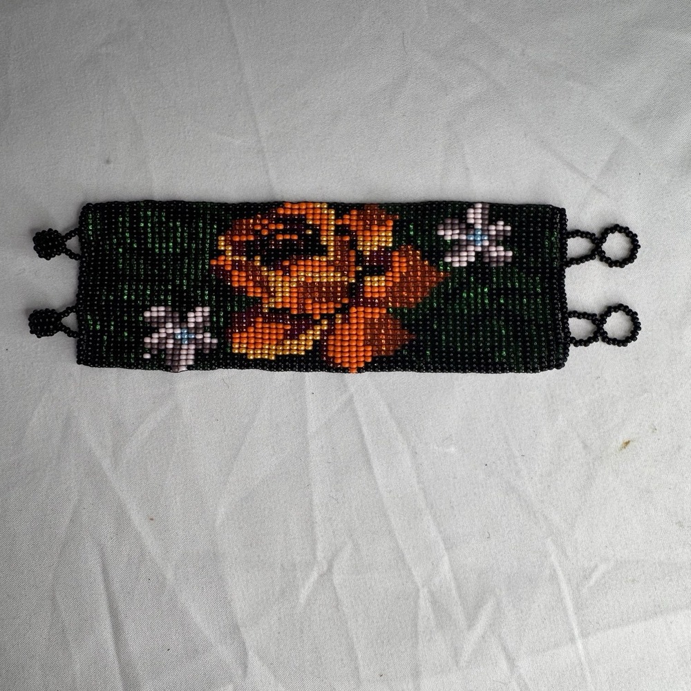 Vintage‎ Handmade Bracelet Seed Bead Woven Orange Flower-Green Black Adjustable